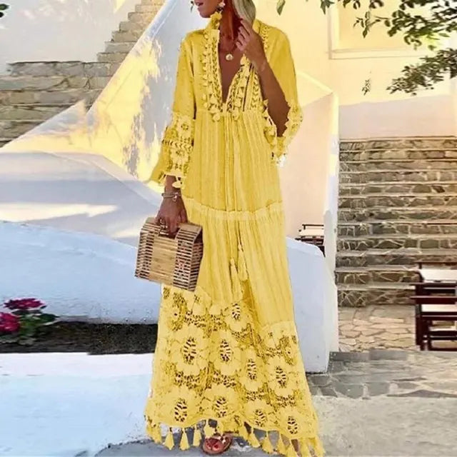 Kvinna Lång Klänning Boho Stil med Spets och Tofsar Luftiga Tyger-3