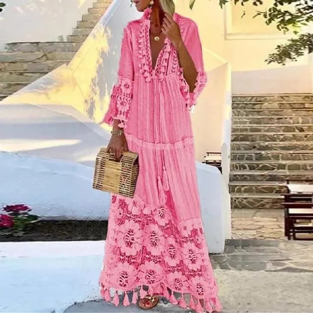 Kvinna Lång Klänning Boho Stil med Spets och Tofsar Luftiga Tyger-4