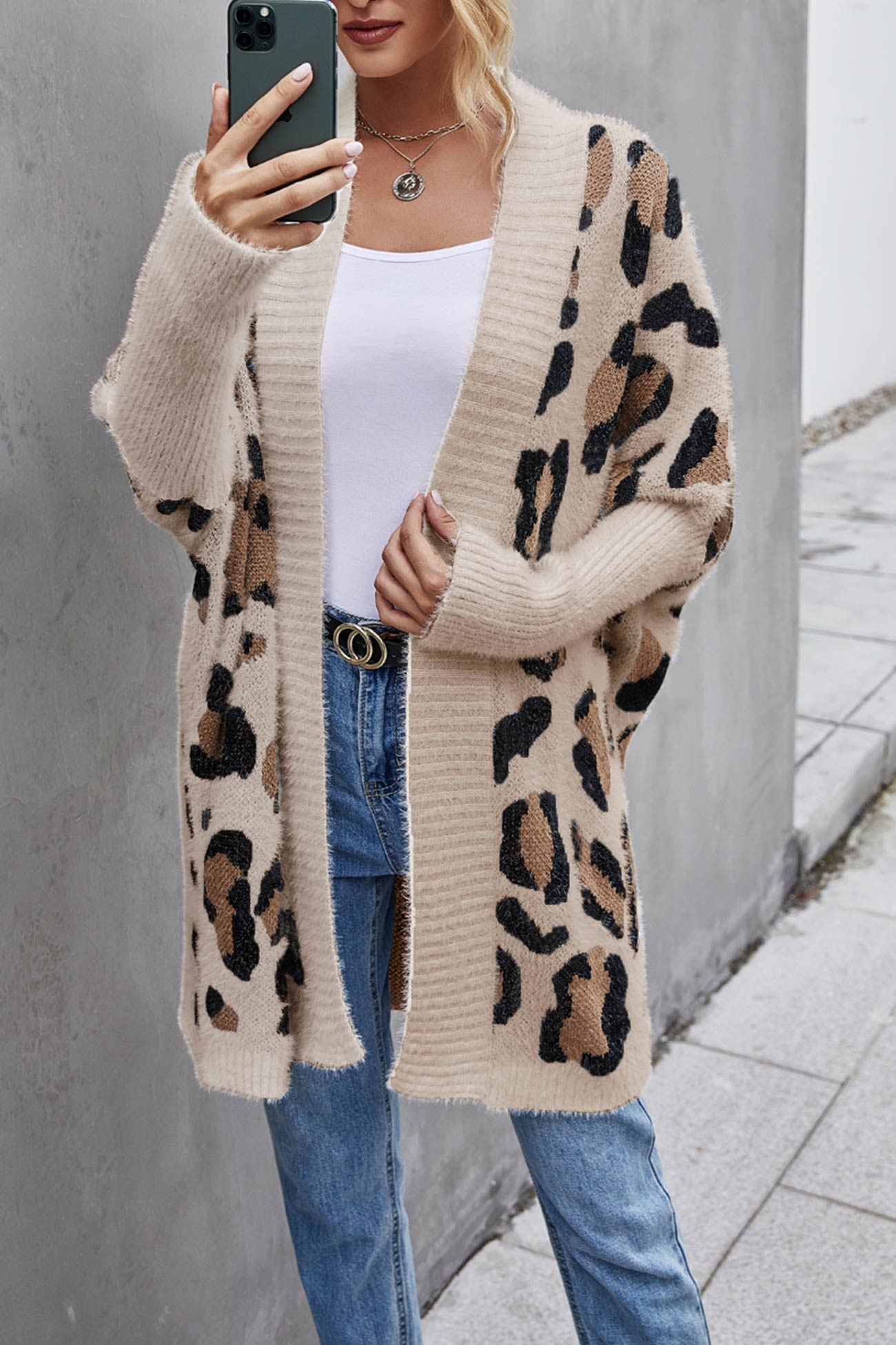 Damjacka Leopardmönster Öppen Framsida i Polyester för Dam-4
