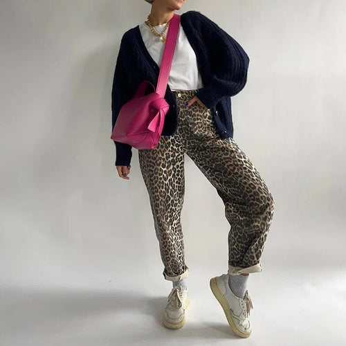 Kvinnors Baggy Jeans Hög Midja Mjuk Denim Leopardmönster-1