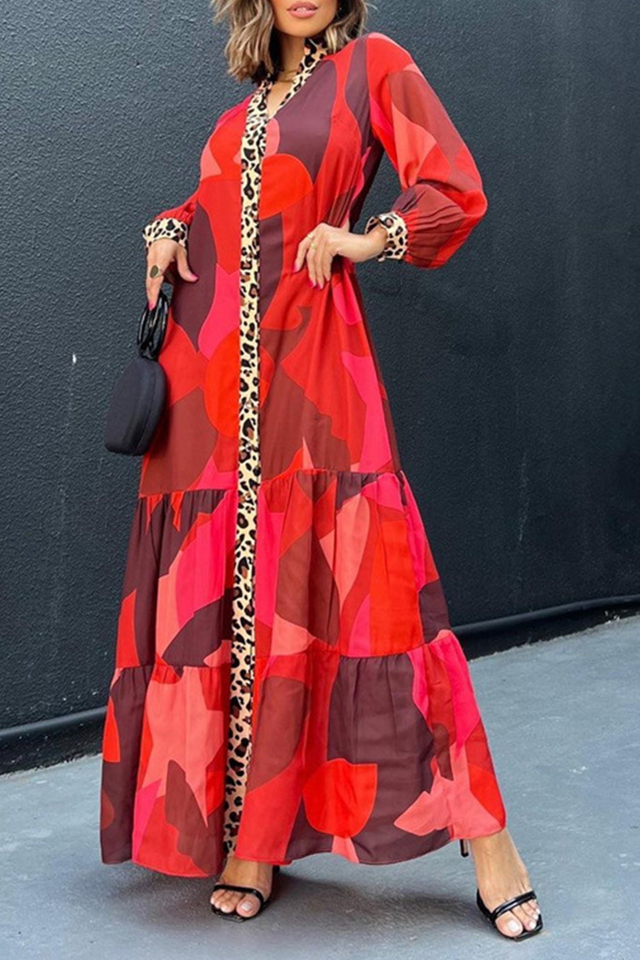 Kvinnors Långklänning Leopardmönster med Knappar i Polyester för Fest-5