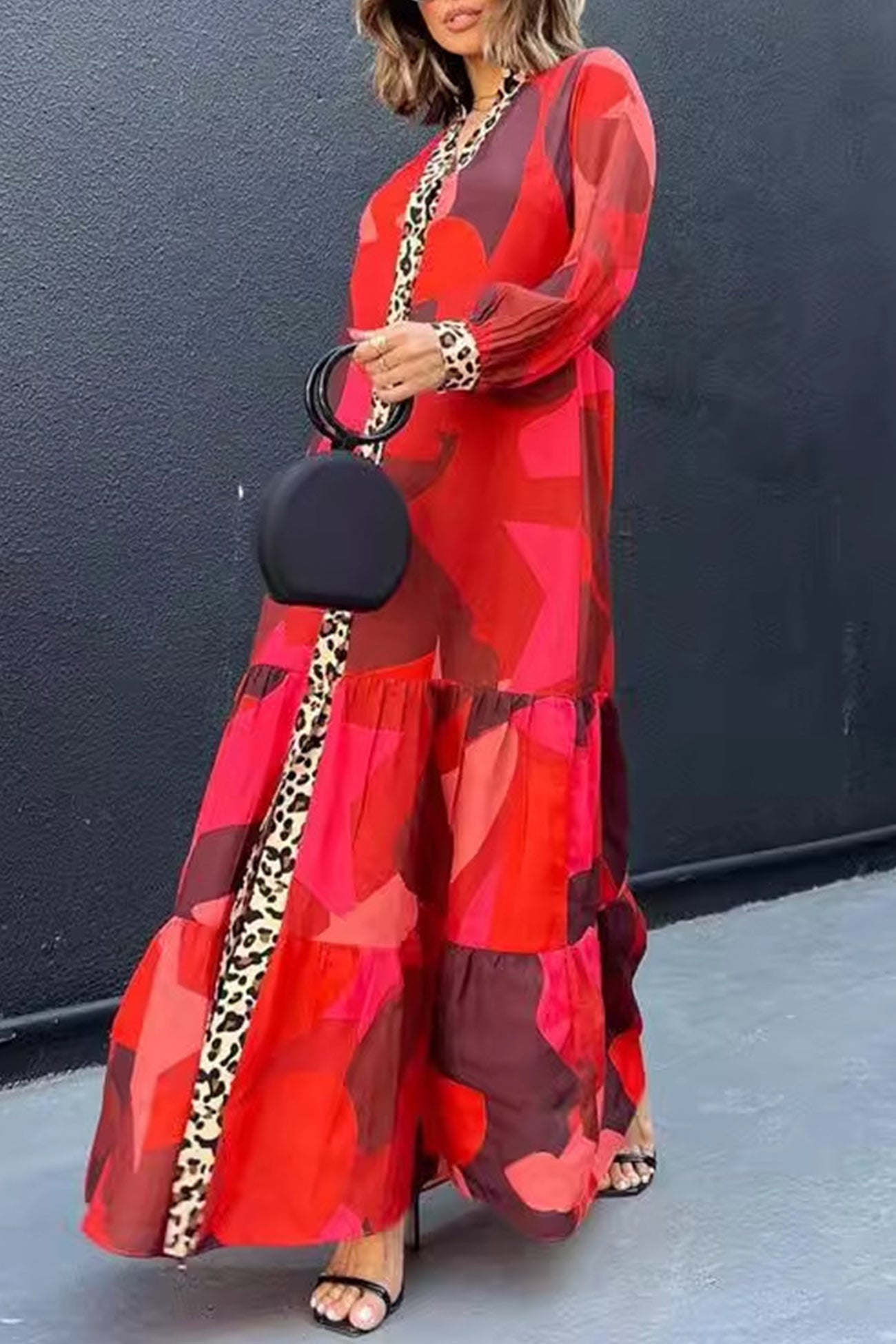 Kvinnors Långklänning Leopardmönster med Knappar i Polyester för Fest-2