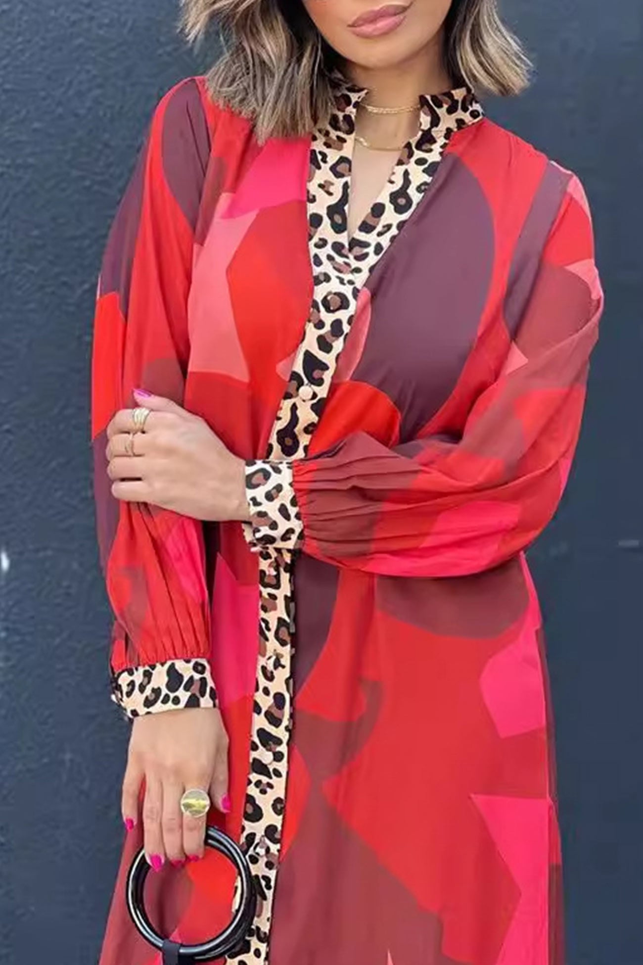 Kvinnors Långklänning Leopardmönster med Knappar i Polyester för Fest-4