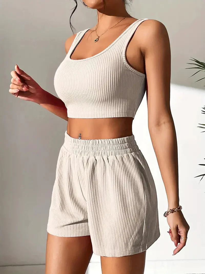 Kvinnors Sportig Outfit Ribbad Crop Top Polyester Shorts-4