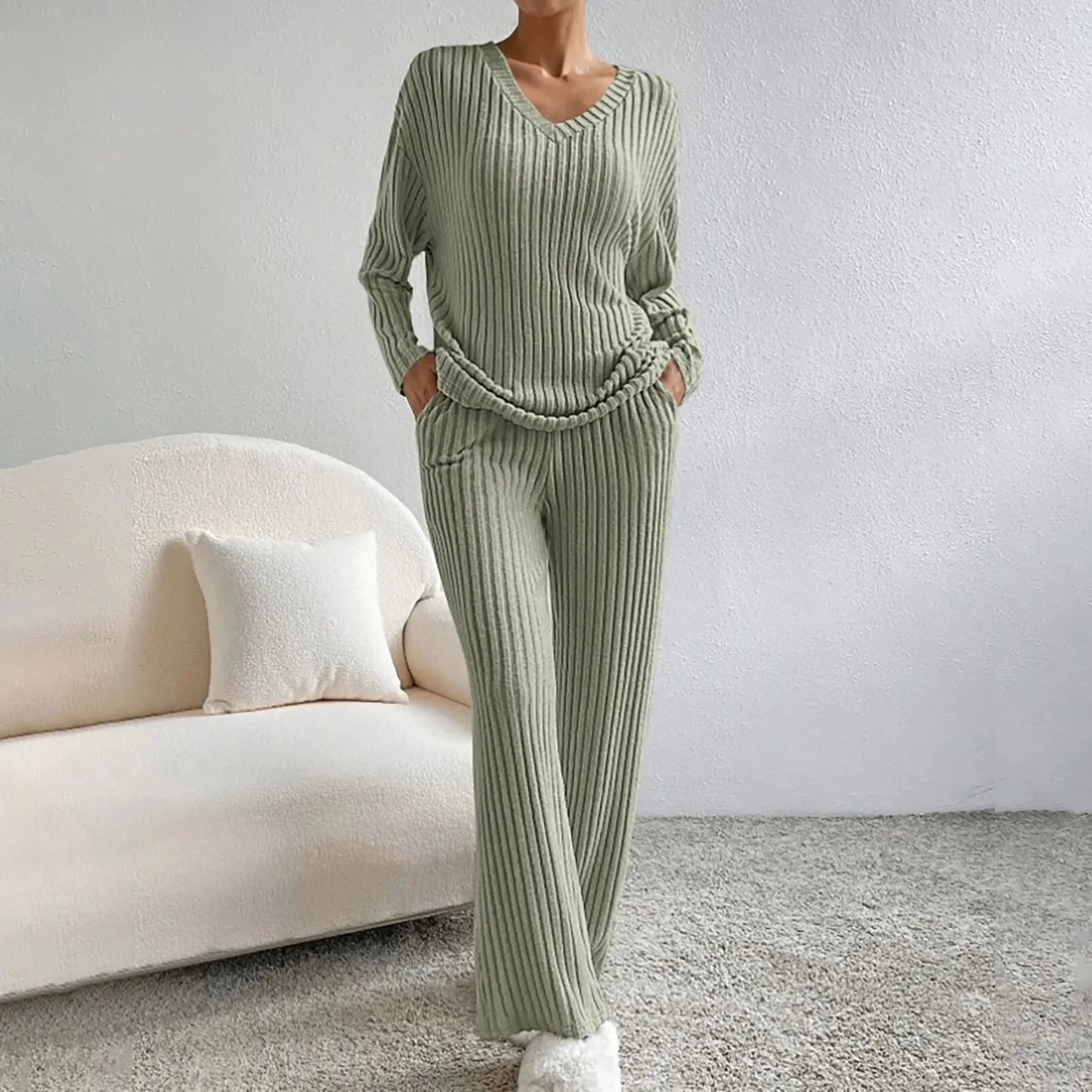 Variant image for Dam Loungewear Set Ribbad Stickad Mjuk Kvalitet-21