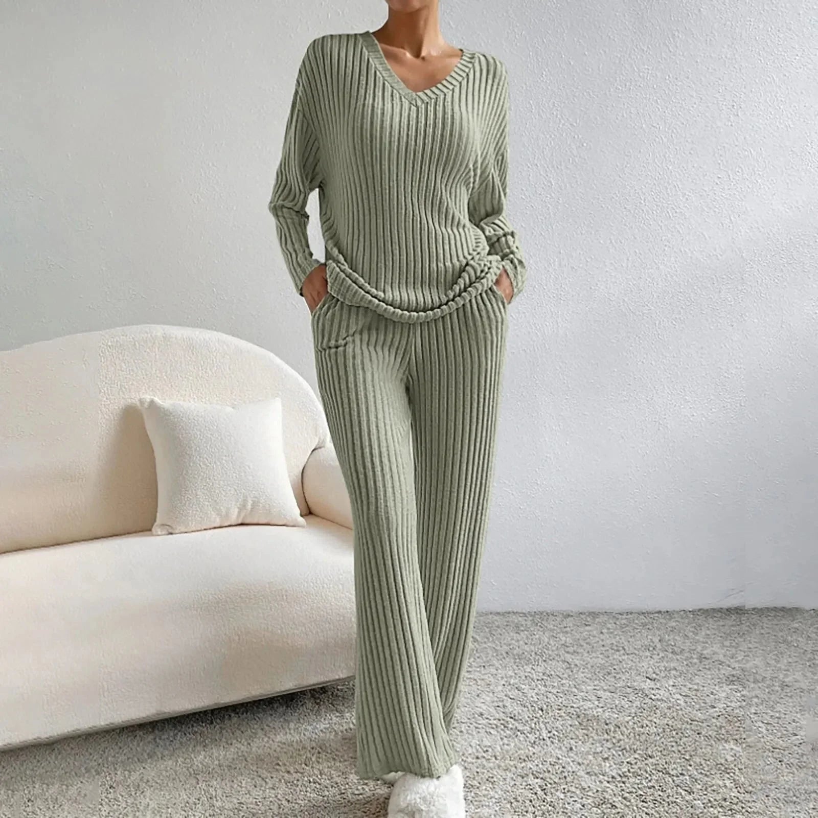 Variant image for Dam Loungewear Set Ribbad Stickad Mjuk Kvalitet-21