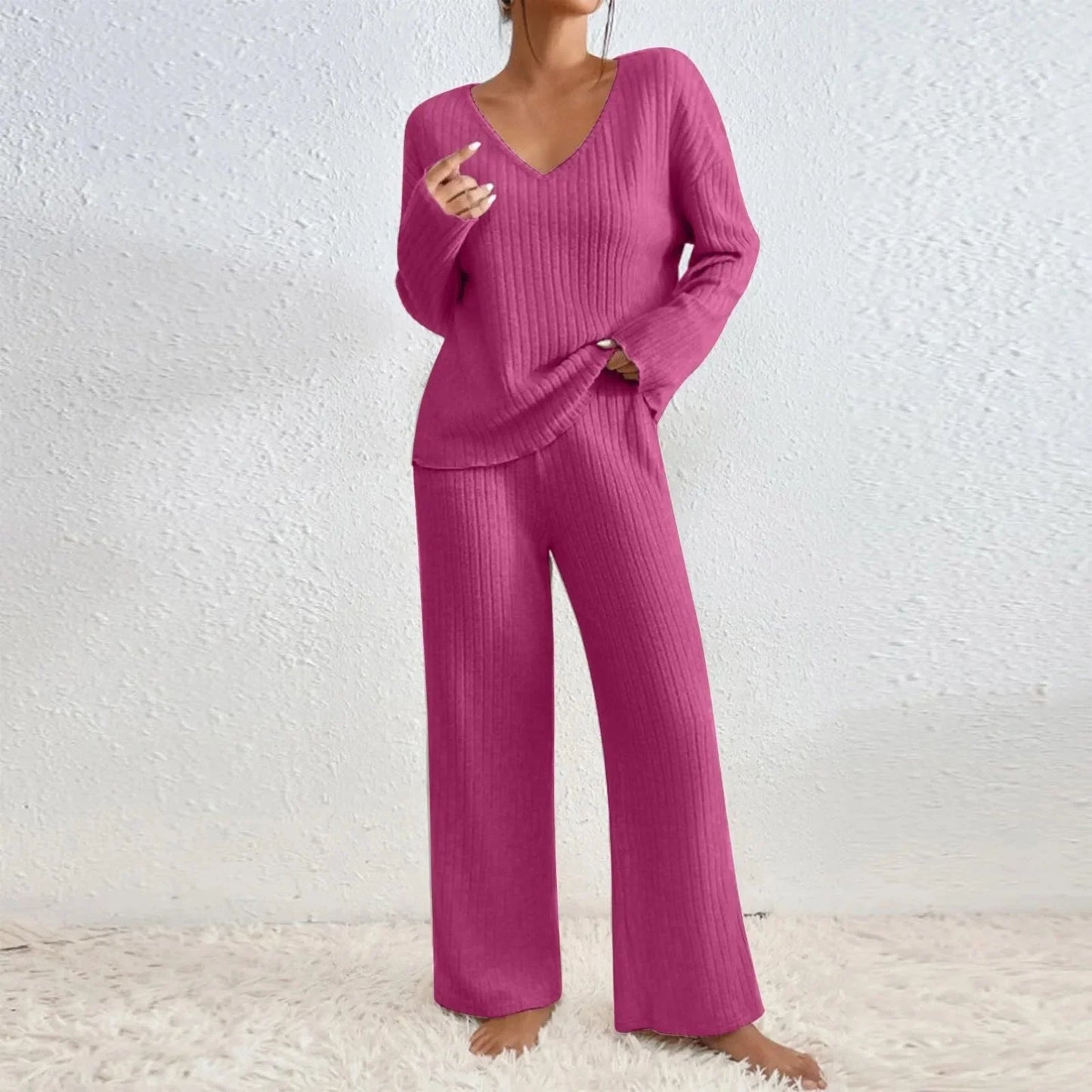 Variant image for Dam Loungewear Set Ribbad Stickad Mjuk Kvalitet-16