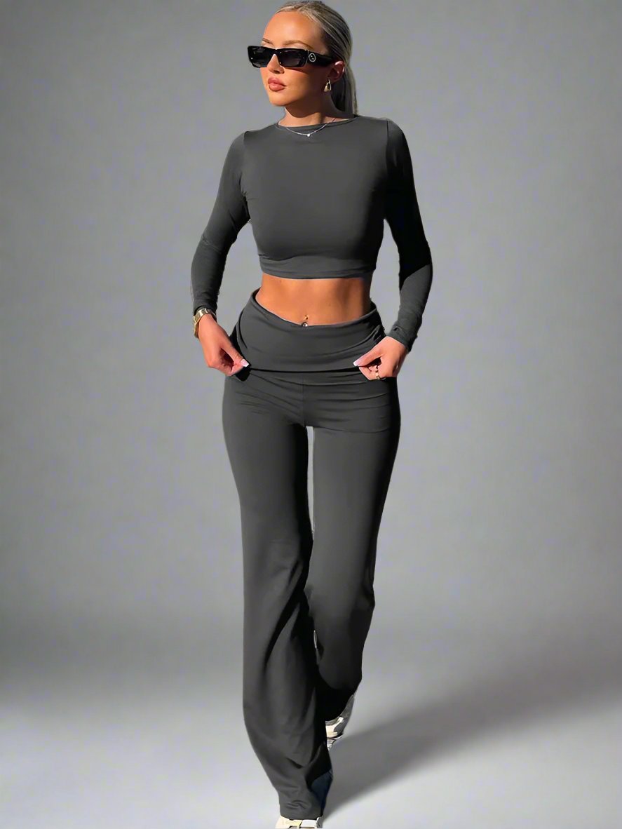 Tvådelat Set Dam Långärmad Topp och Byxor Bomull-2