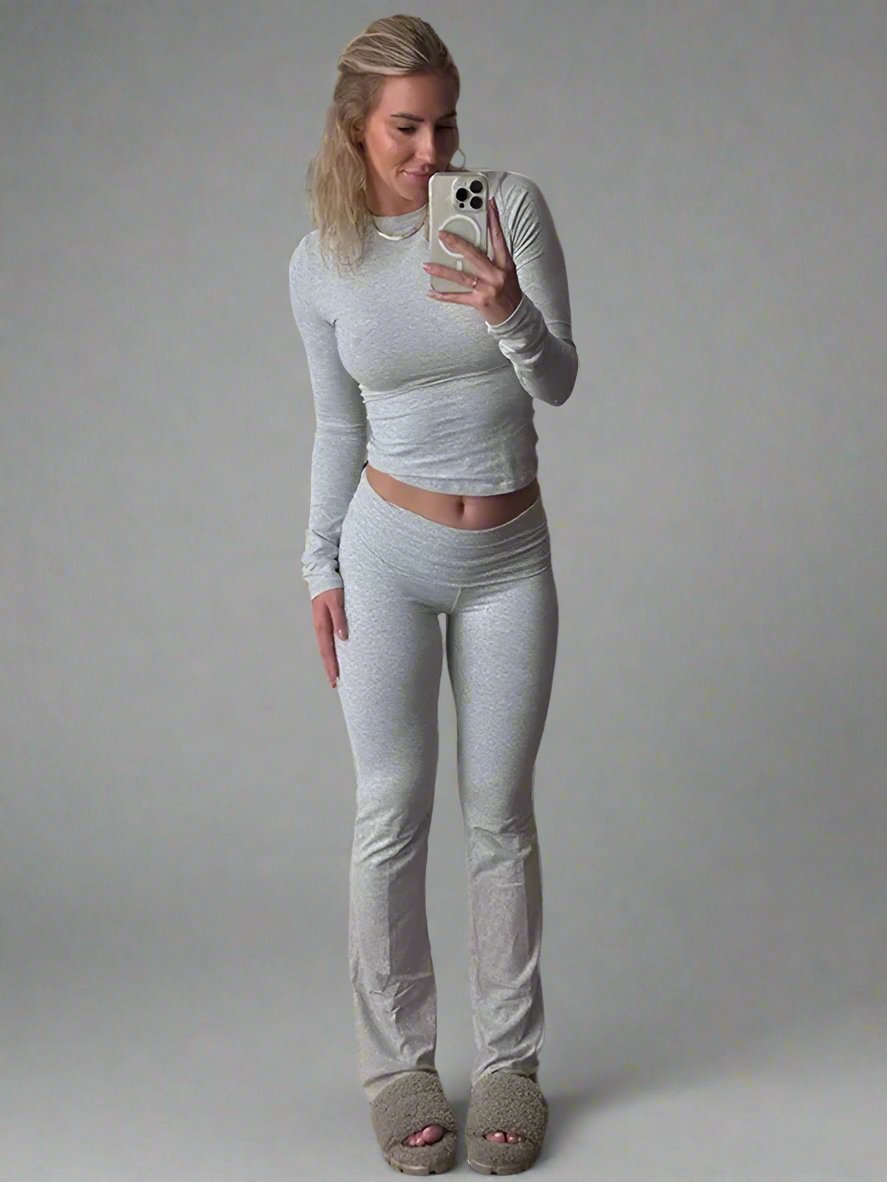 Tvådelat Set Dam Långärmad Topp och Byxor Bomull-1