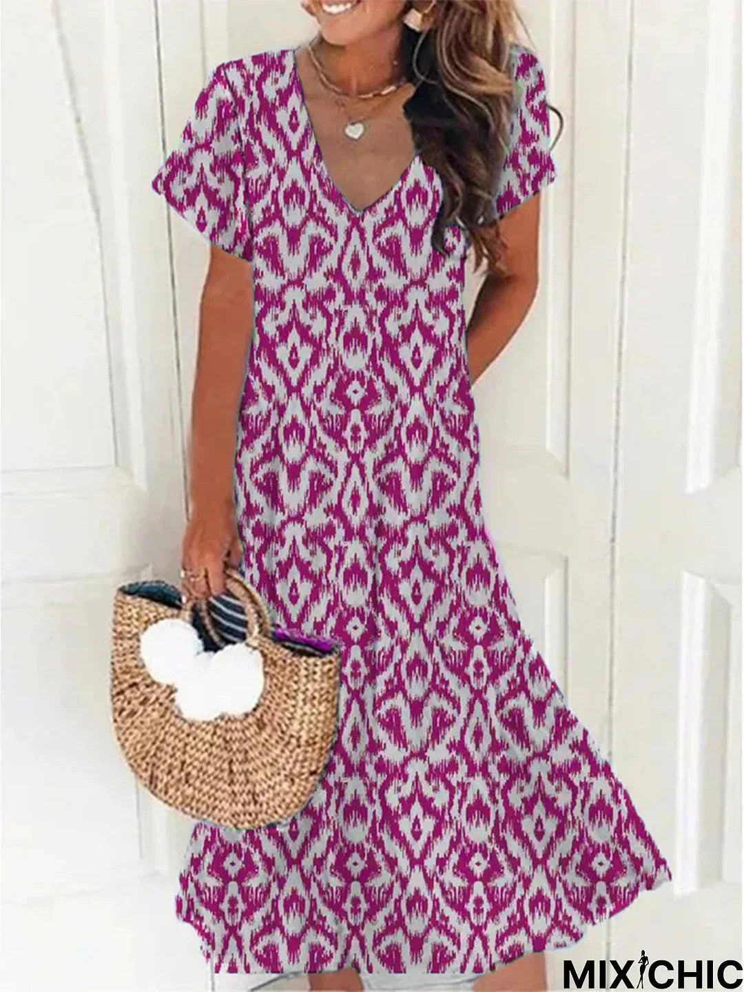 Variant image for Dam Fritidskläder Geometrisk V-hals Korta Ärmar Lätta Tyger-11