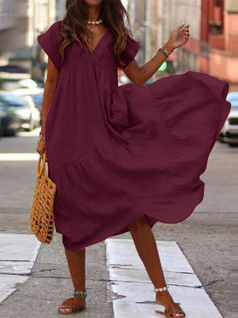 Variant image for Dam Sommarklänning Kortärmad Lätt Material V-ringning Rynkade Detaljer-41