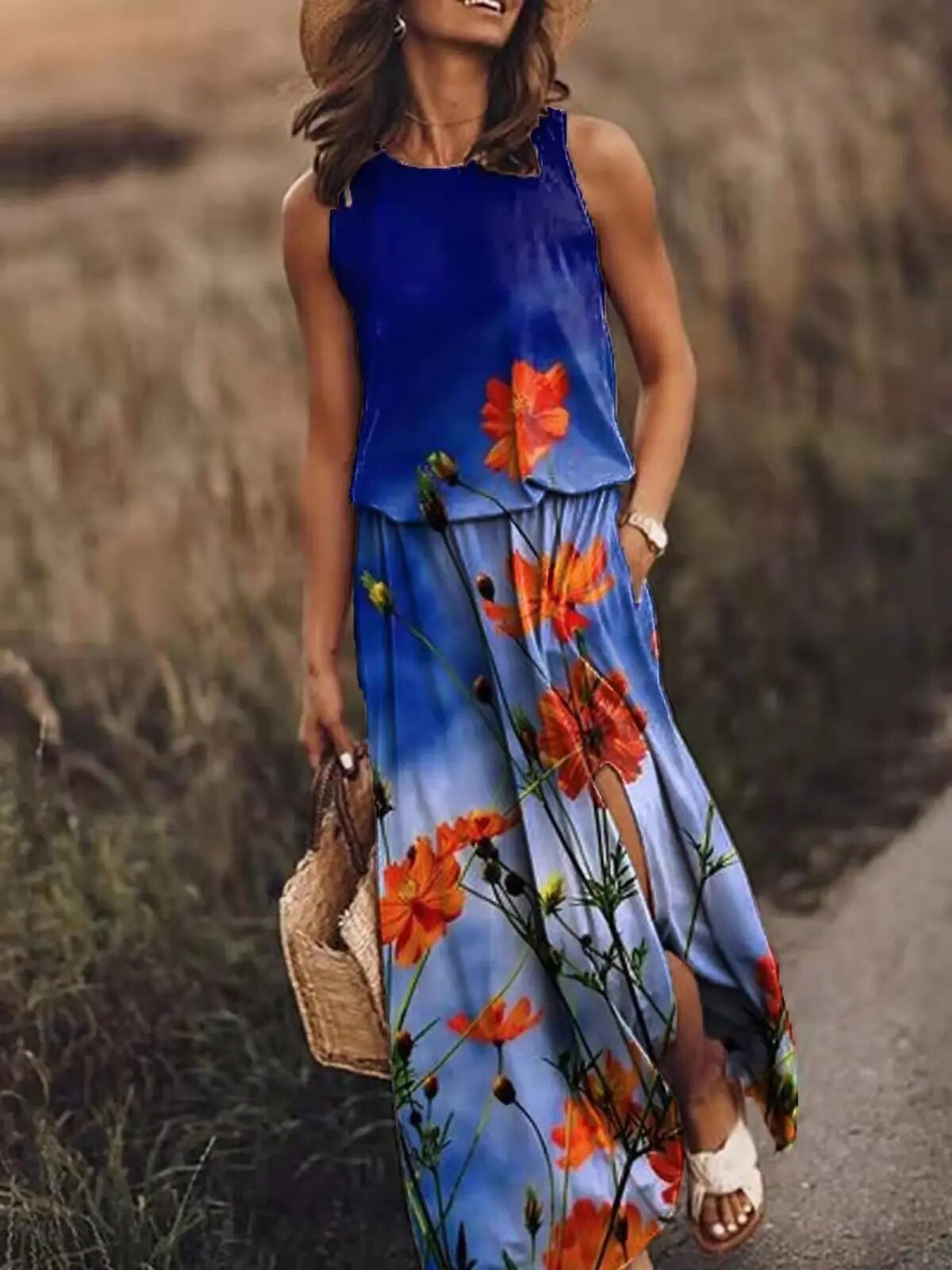 Dam Sommarklänning Blommig med Slits Polyester-2