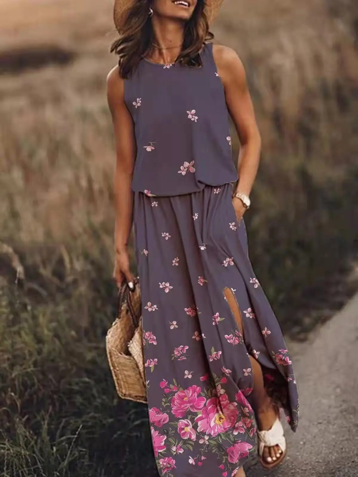 Dam Sommarklänning Blommig med Slits Polyester-3