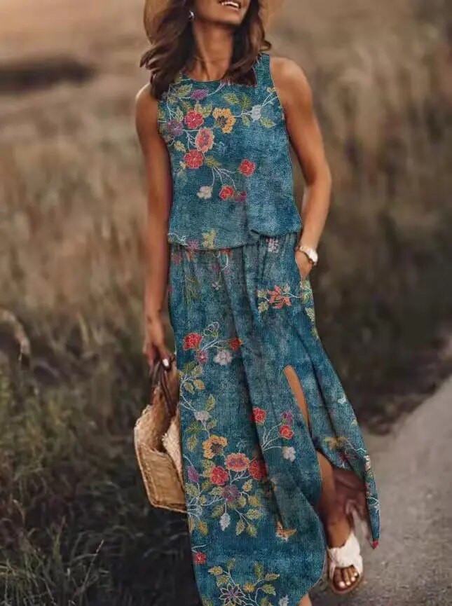 Dam Sommarklänning Blommig med Slits Polyester-4