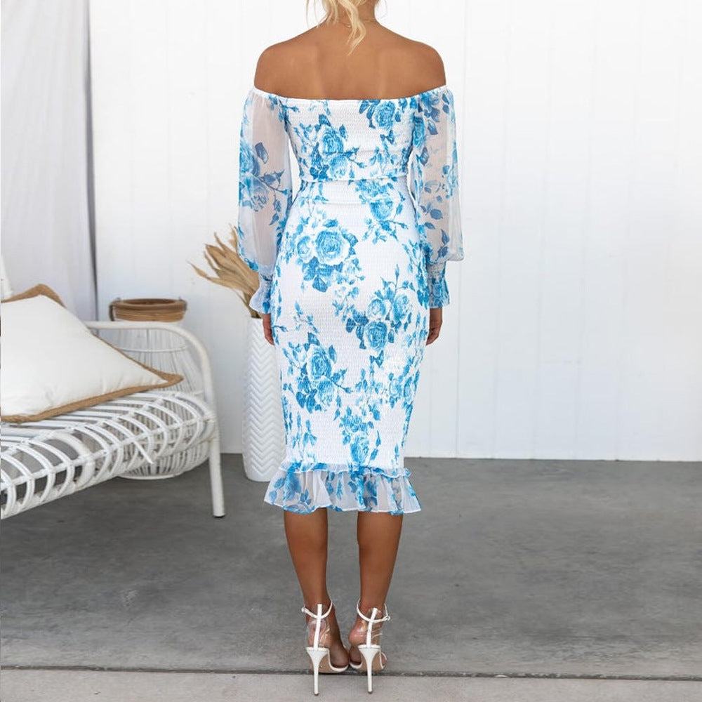 Maxiklänning Dam Off-Shoulder Bodycon Bomullspolyester med Botanisk Design 2