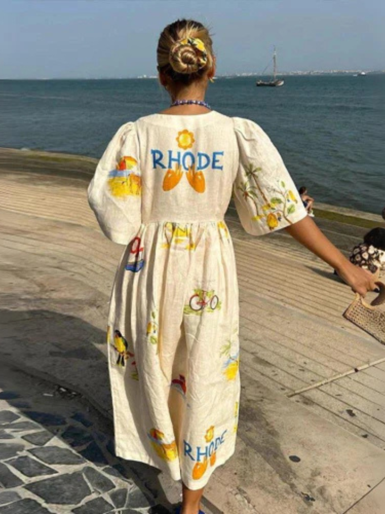 Dam Klänning Midi V-ringning Bomull Luftig Passform-3