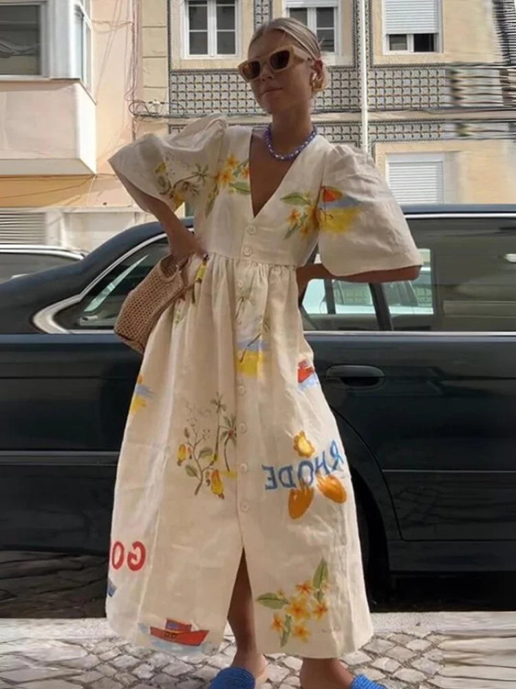 Dam Klänning Midi V-ringning Bomull Luftig Passform-1