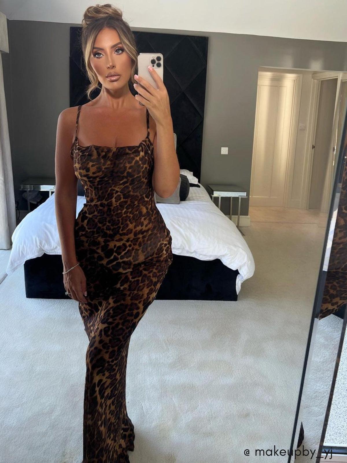 Dam Maxi Klänning Spaghetti Leopardmönster Polyester-4
