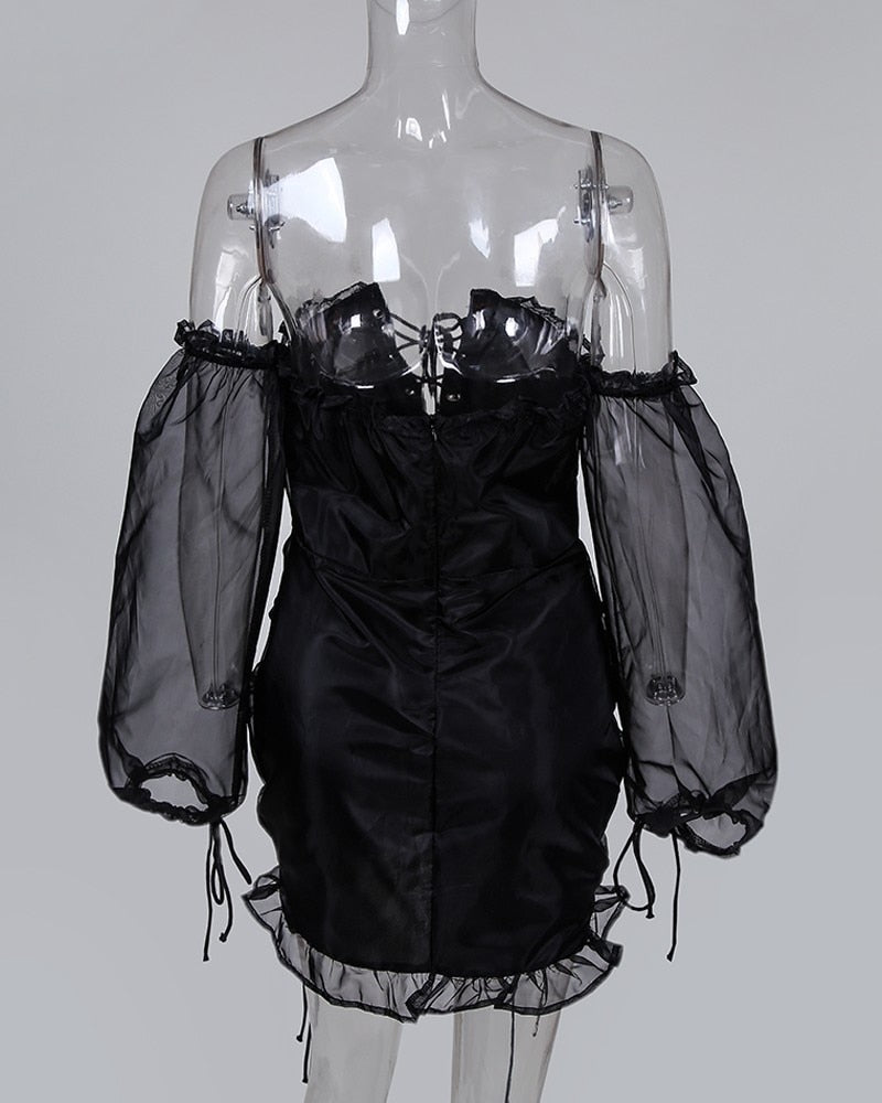 Kvinna Miniklänning Snedhals Transparenta Ärmar Polyester-6