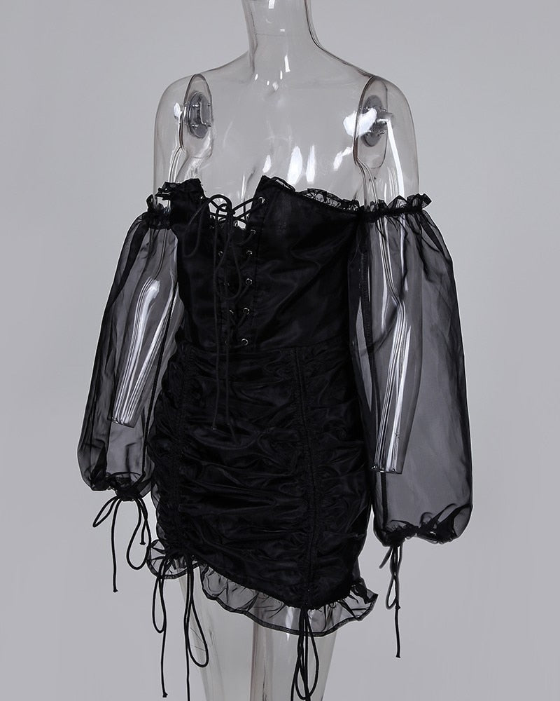 Kvinna Miniklänning Snedhals Transparenta Ärmar Polyester-5