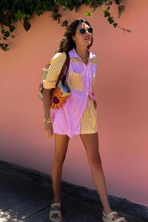 Dam Randig Skjorta och Högmidjade Shorts Lätt Material-6