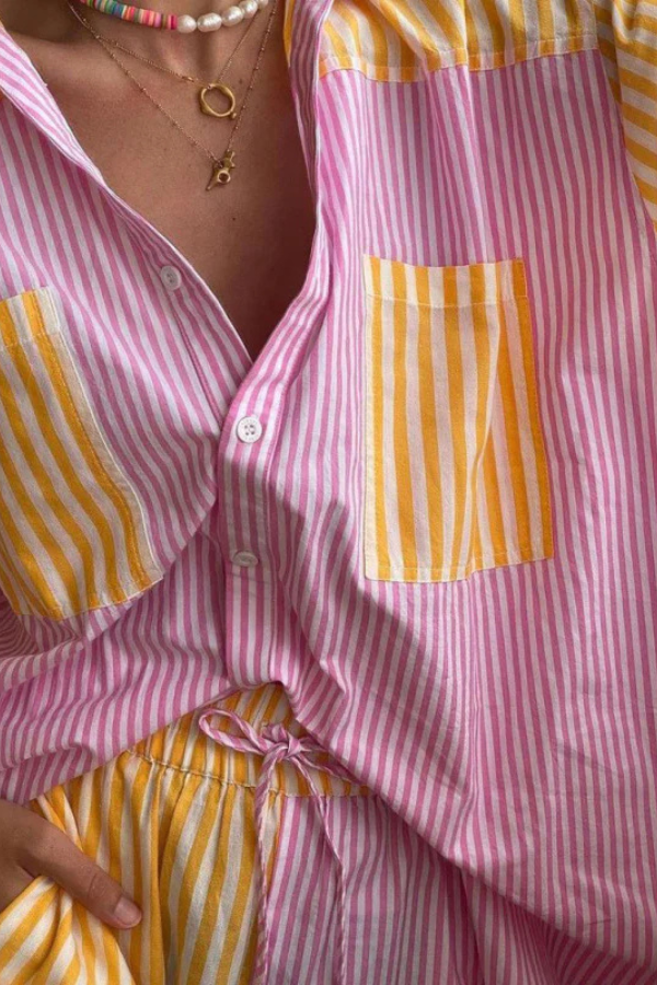 Dam Randig Skjorta och Högmidjade Shorts Lätt Material-4