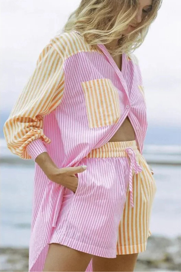 Dam Randig Skjorta och Högmidjade Shorts Lätt Material-3