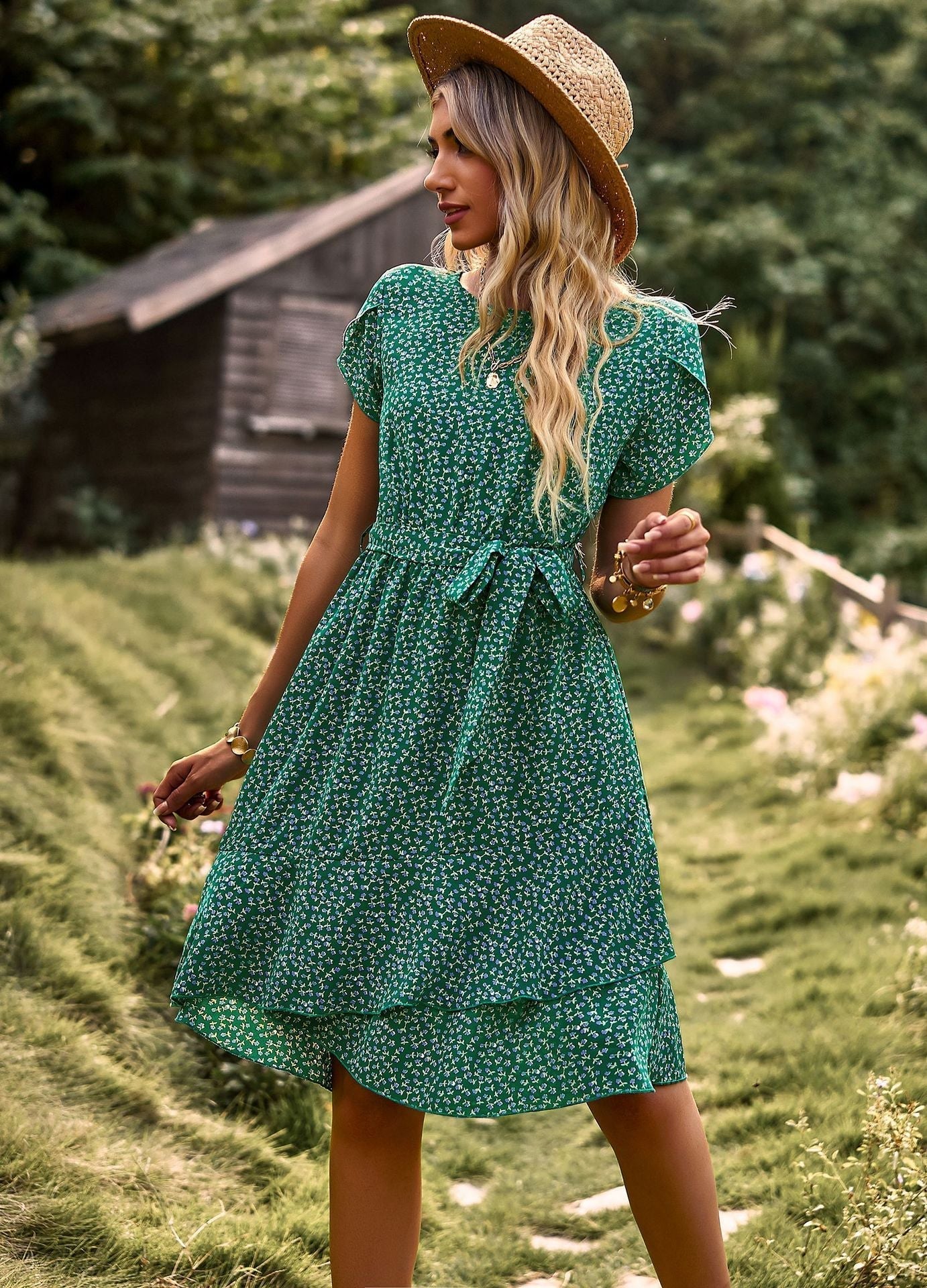 Dam MIDI Klänning Med Midjeband Bomull Polyester Elegant Stil-3