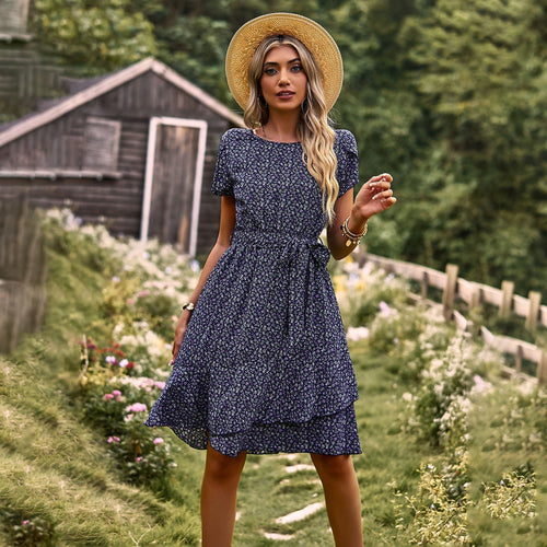 Dam MIDI Klänning Med Midjeband Bomull Polyester Elegant Stil-1