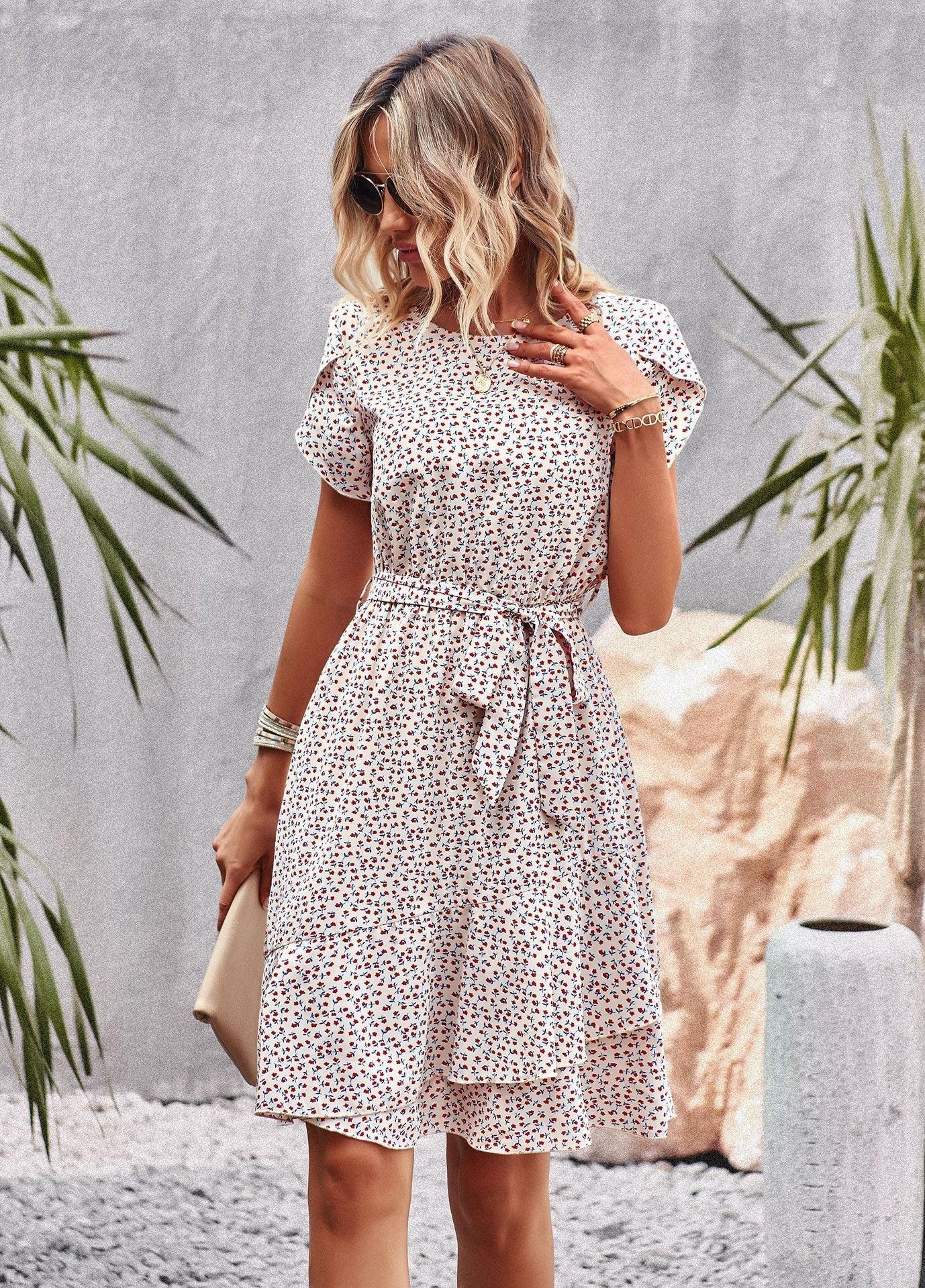 Dam MIDI Klänning Med Midjeband Bomull Polyester Elegant Stil-6