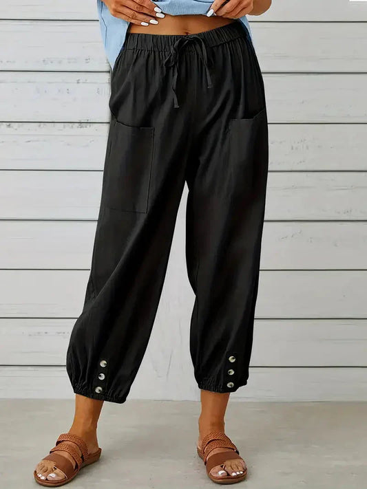 Sommarbyxor Dam i Linne med Avslappnad Silhuett â Normal Passform och Praktiska Fickor 1