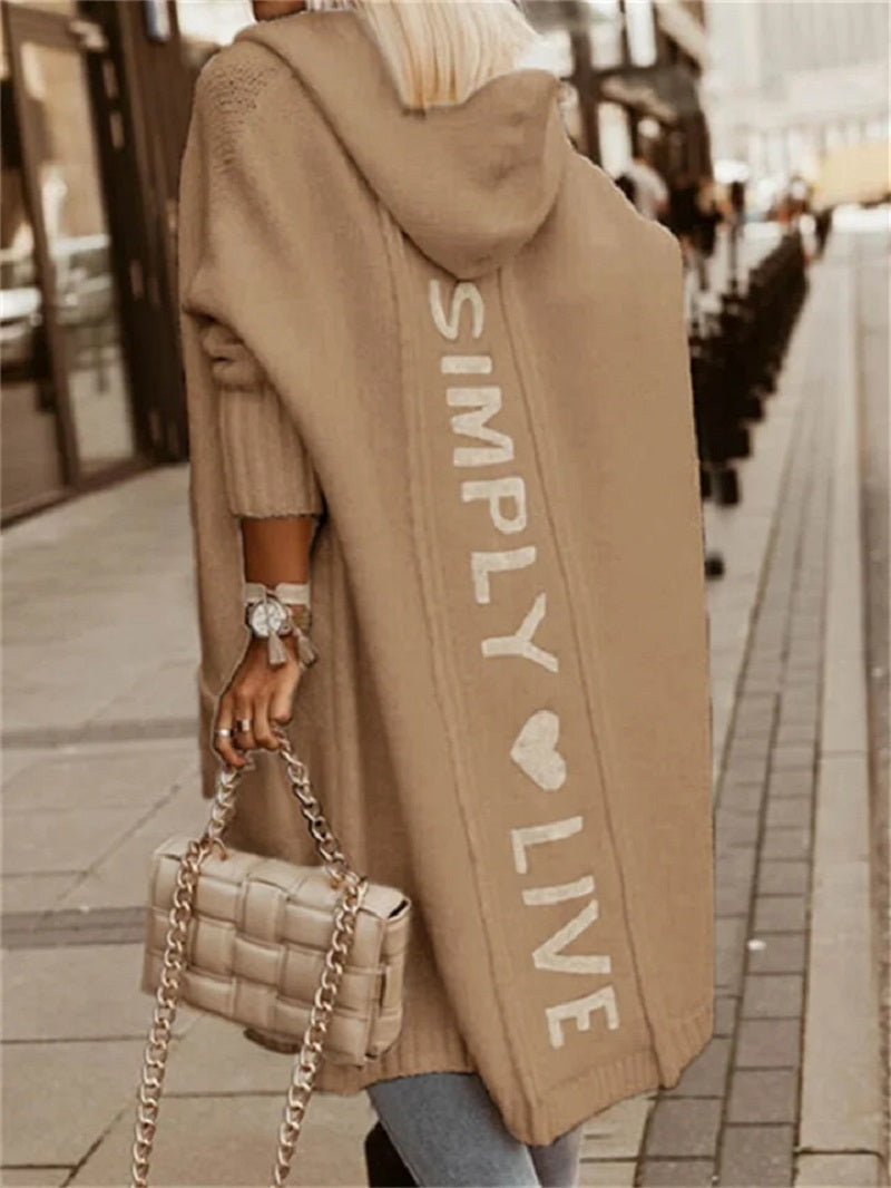 Dam Lång Kofta med Huva Stickad Akrylblandning-3