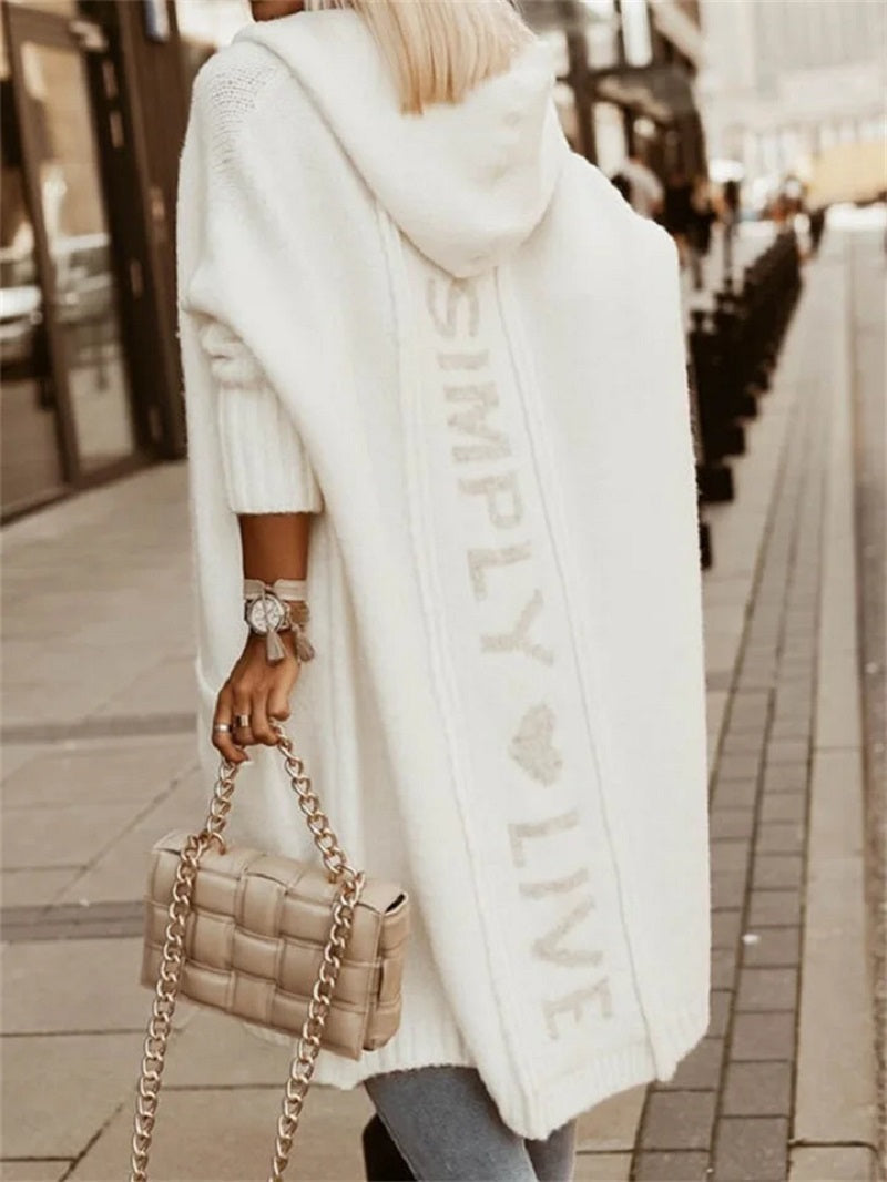 Dam Lång Kofta med Huva Stickad Akrylblandning-5