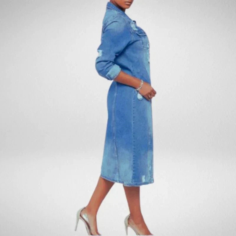 Dam Lång Denimjacka Trendig Robust Denim-2