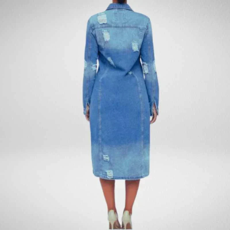 Dam Lång Denimjacka Trendig Robust Denim-3