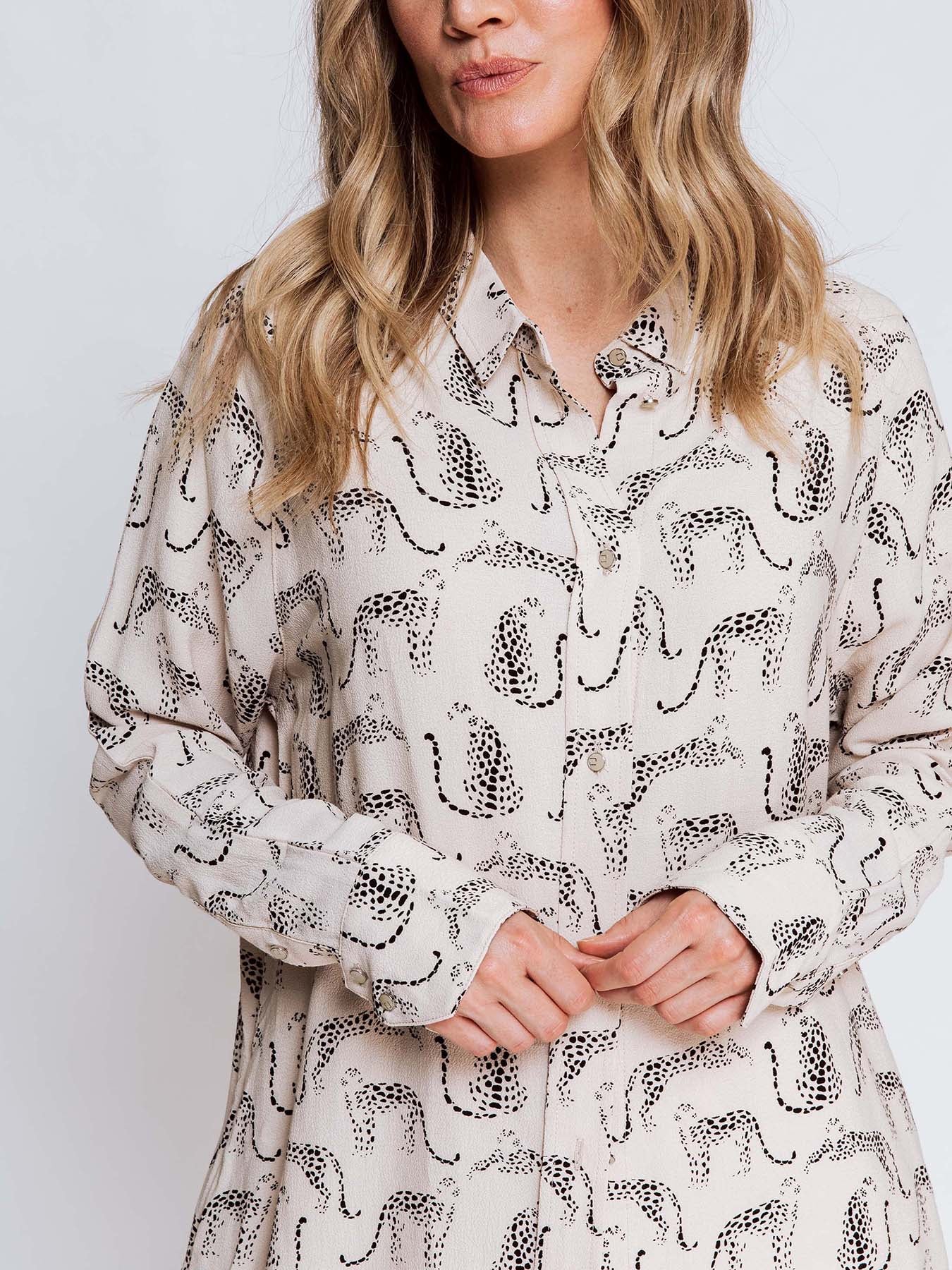 Dam Skjorta Avslappnad Leopardtryck 100% Bomull-4