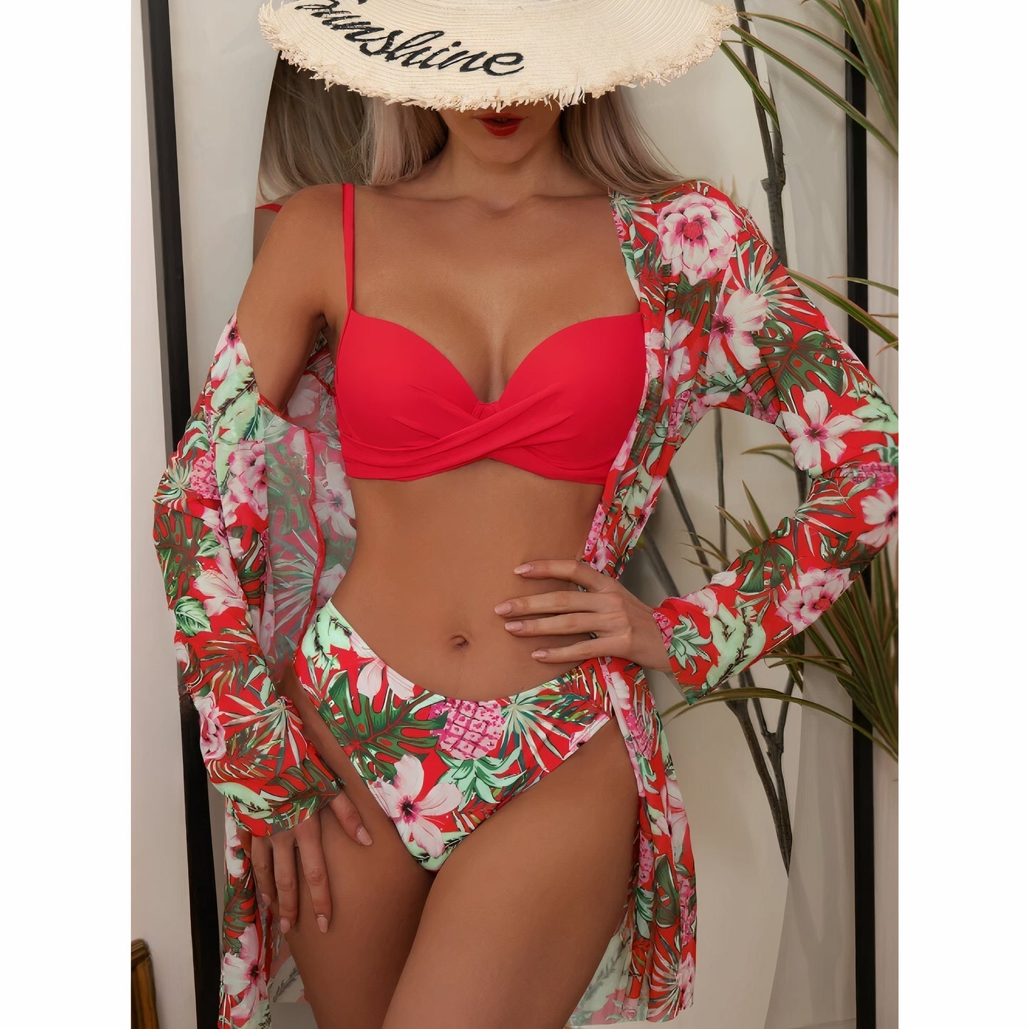 Variant image for Dam Bikiniuppsättning med Blommönster och Kimono i Snabbtorkande Material-33