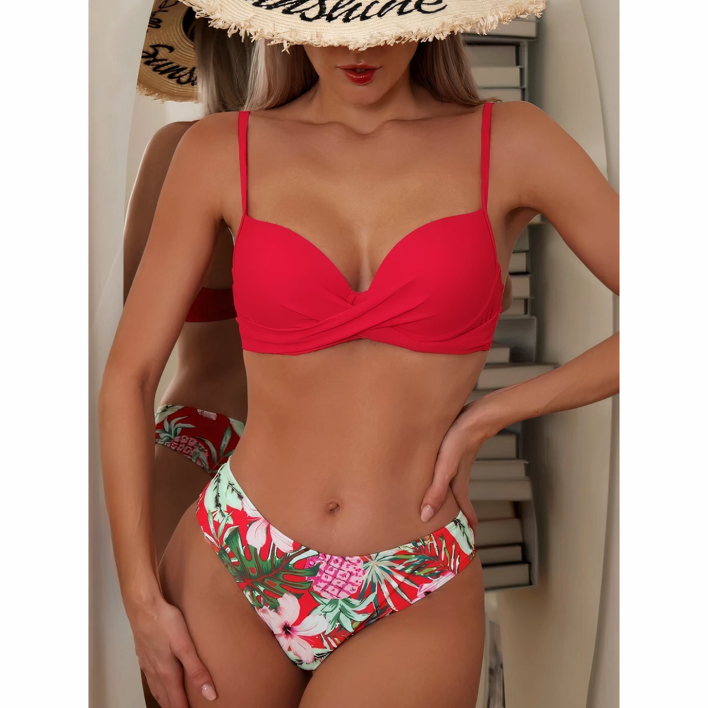 Dam Bikiniuppsättning med Blommönster och Kimono i Snabbtorkande Material-2