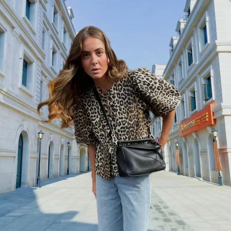 Dam Blus Leopardmönster Puffärmar Högkvalitativt Tyg-3