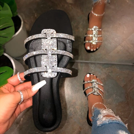 Dam Gladiatorsandaler Platta i Glittrande Sequin-tyg med Gummisula-1