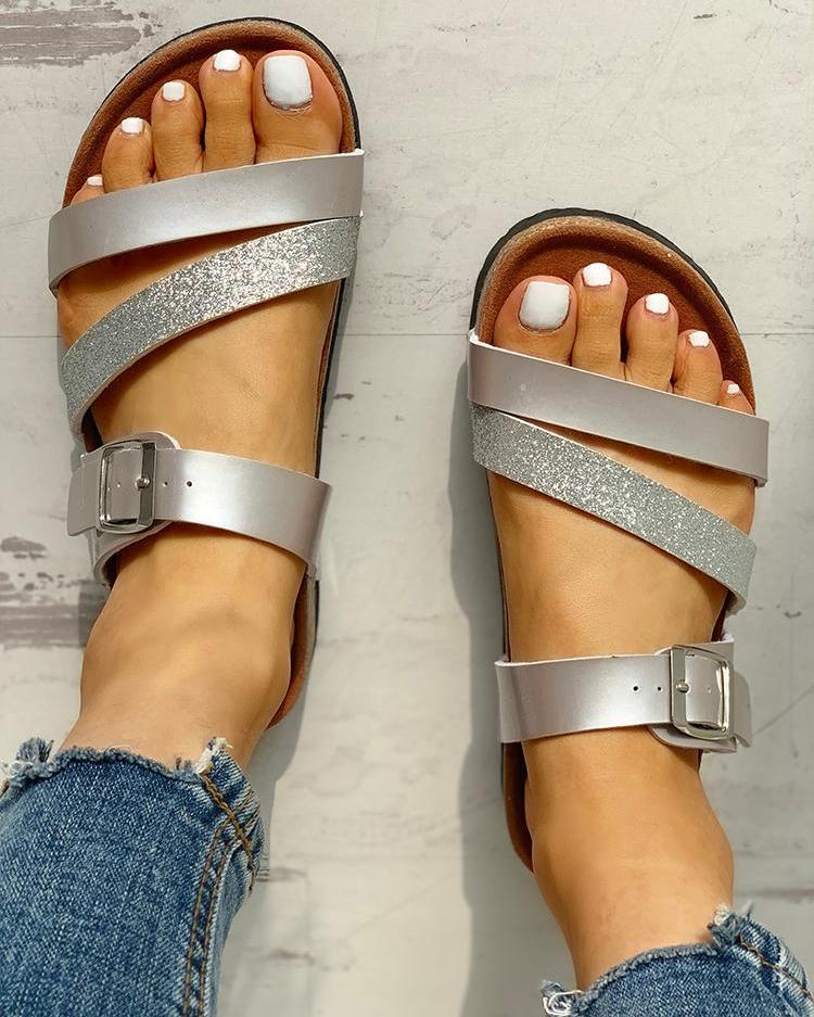 Dam Sandaler Platta PU Läder med Glitterdetaljer-5