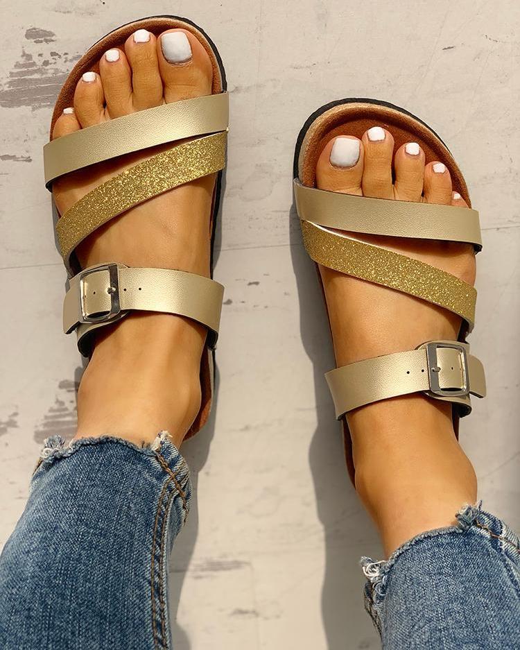 Dam Sandaler Platta PU Läder med Glitterdetaljer-4