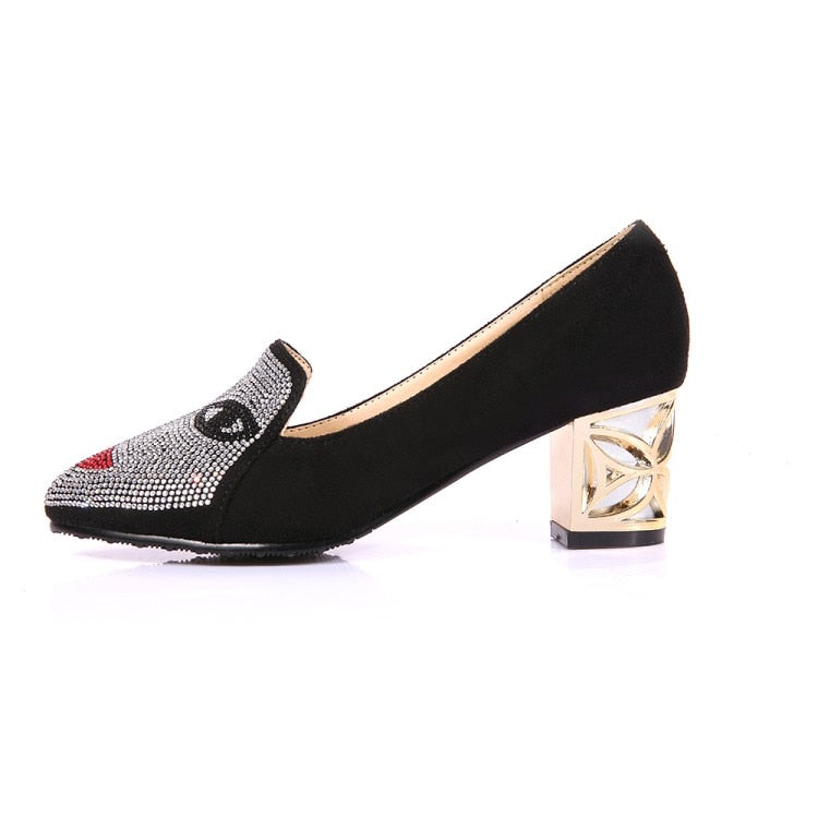 Dam Pumpskor Mary Jane Flock med Blockklack och Rhinestones-6