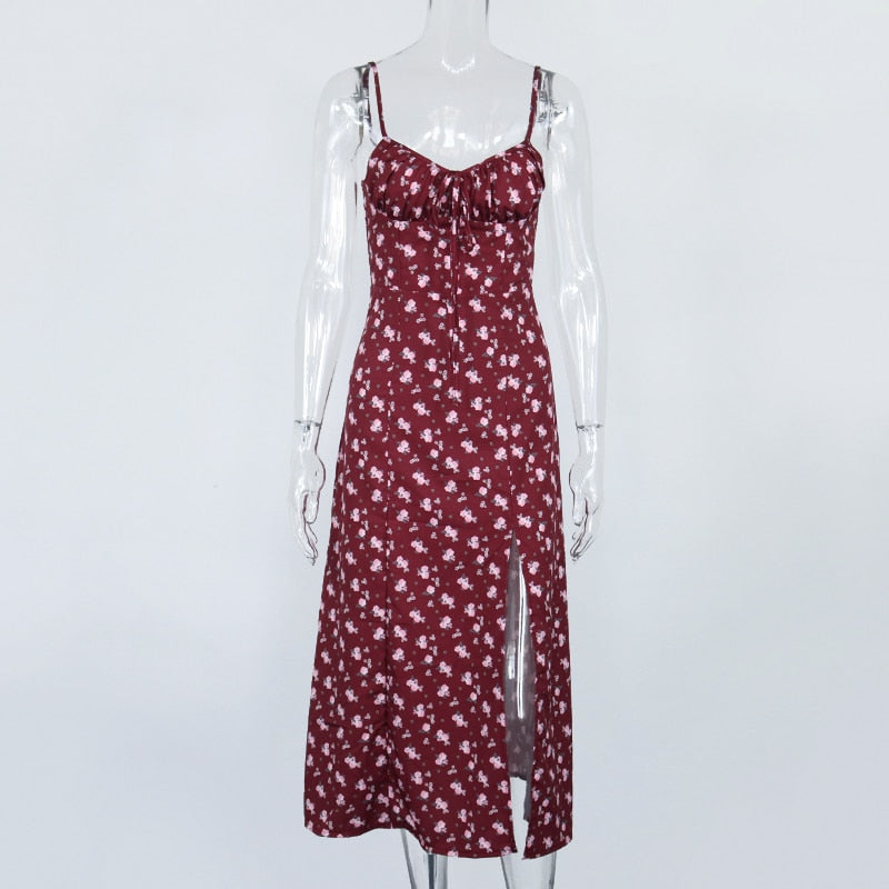 Blommig Midi Klänning med Spaghetti Bärare och Hög Slits – A-Line Silhuett i Polyester 3