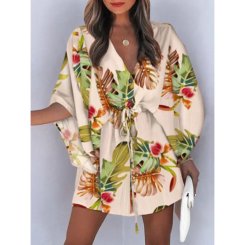 Kvinnors A-linjeklänning Blommönster Polyester med Justerbart Midjebälte 11