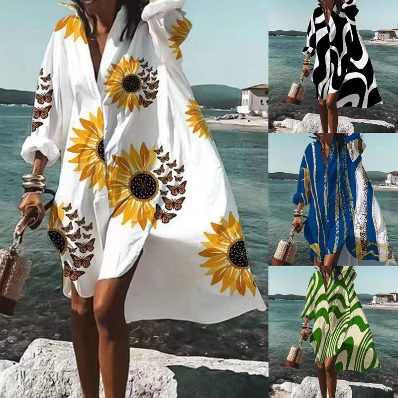 Kvinnors Långärmad Klänning V-Neck Abstrakt Mönster Bomullsblandning 2