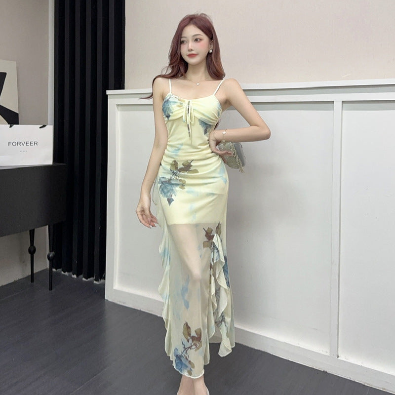 Dam Klänning Midi Spaghetti Rem Tryckt Polyester Elegant Fina Dam Klänningar-2