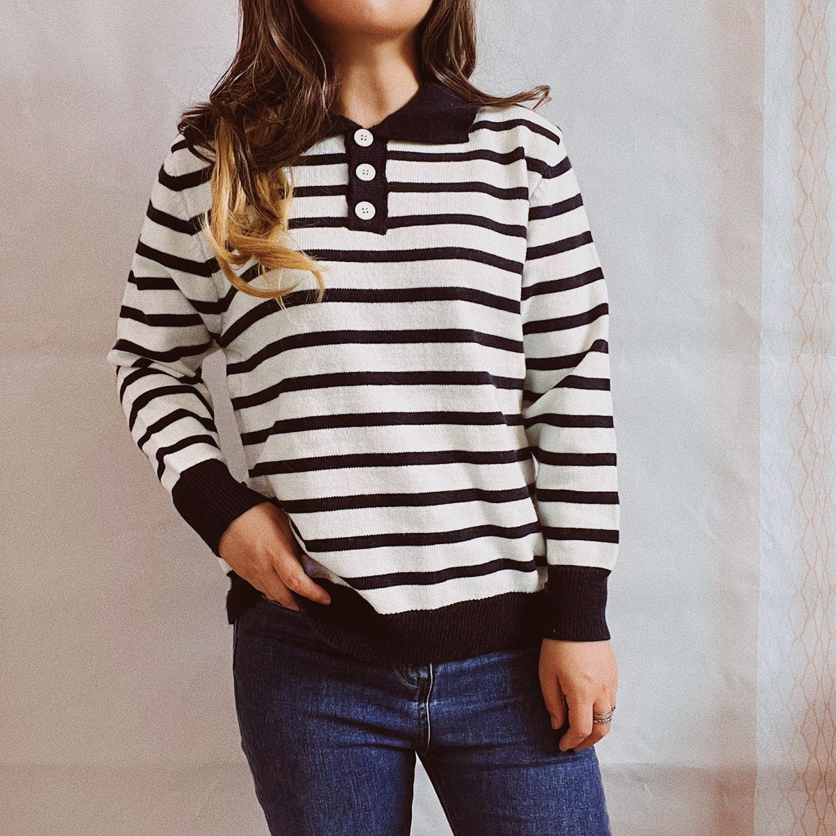 Herr Tröja Randig Långärmad Vänd Krage Polyester 5