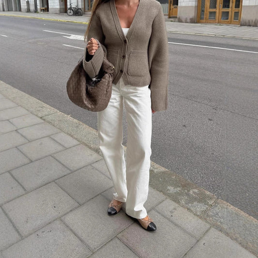 Kvinnors Cardigan V-Neck Mjuk Stickad Material 1