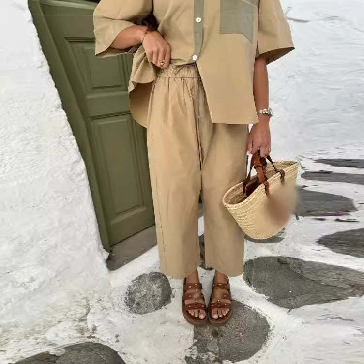 Tvådelat Set Dam Avslappnad Skjorta och Breda Byxor i Andningsbar Bomullsblandning 5